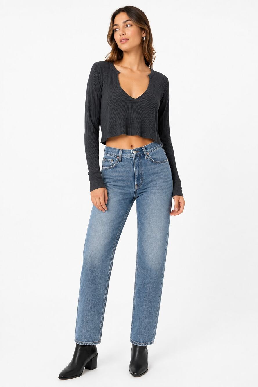 BDG Black Cropped Thermal Top L Waffle Knit Deep V Long Sleeve Urban Outfitters